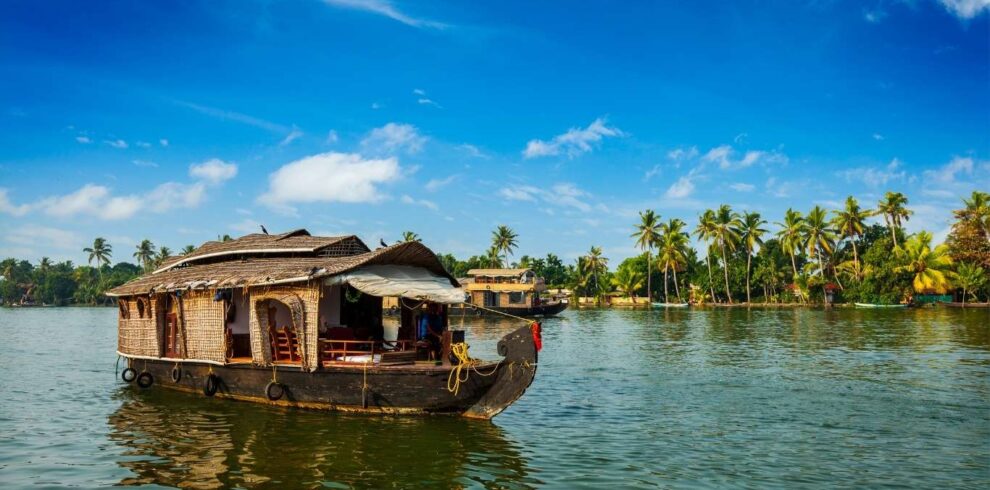 Kerala backwaters houseboat tour with scenic coconut trees and traditional boat in Alleppey
