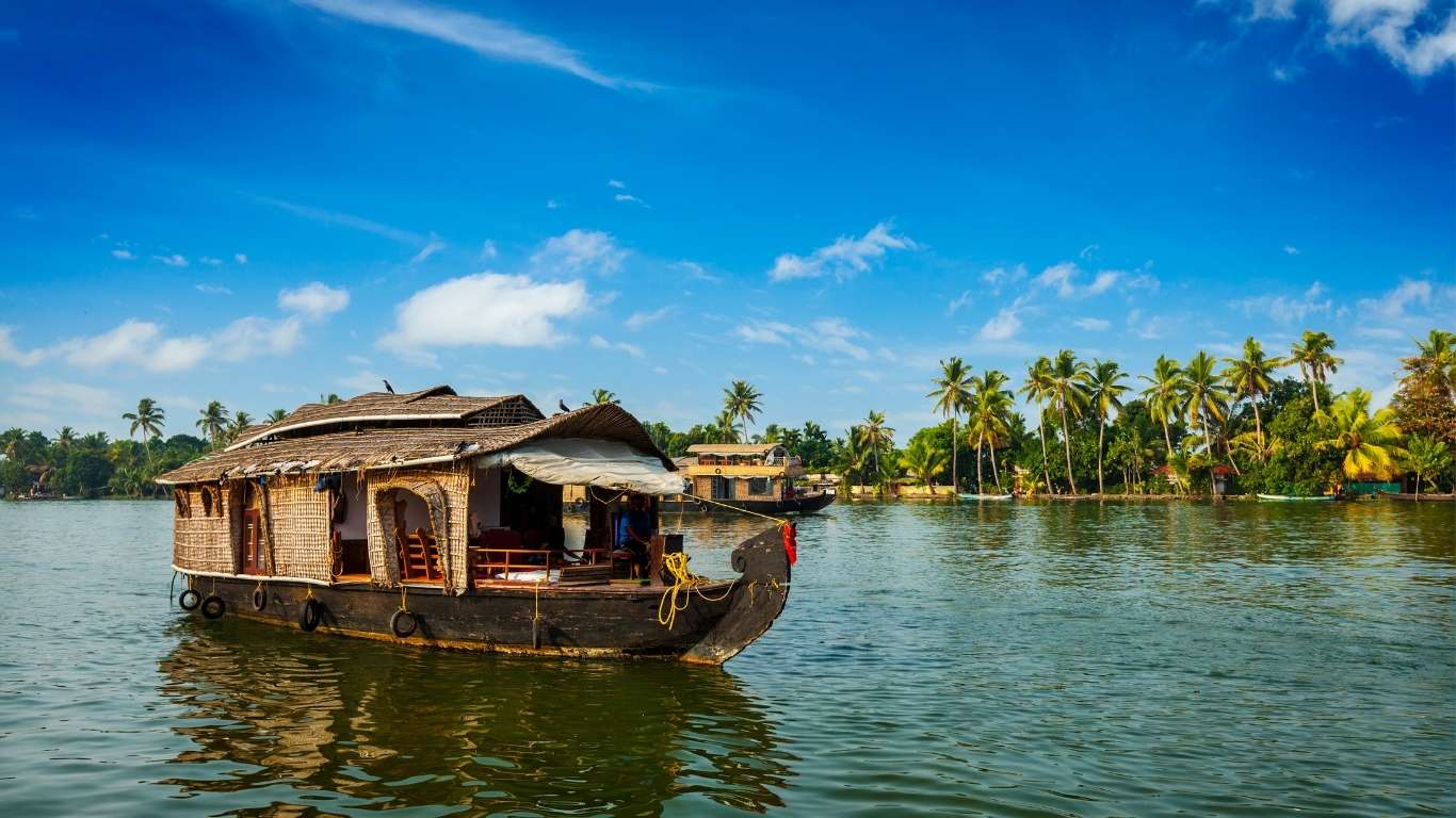 Kerala backwaters houseboat tour with scenic coconut trees and traditional boat in Alleppey