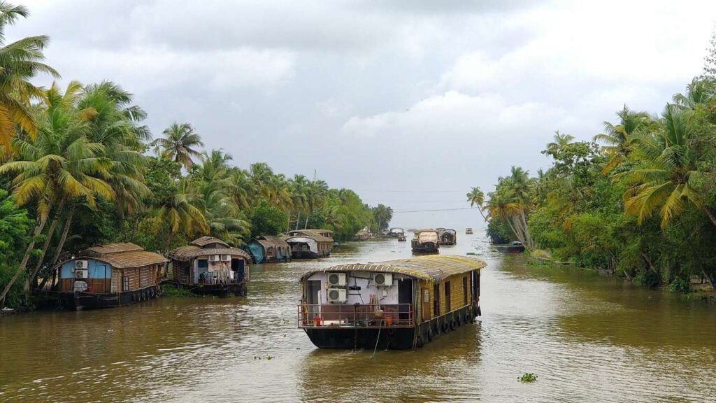 “Tropical backwaters with houseboats floating on a calm river, surrounded by lush palm trees under a cloudy sky.”