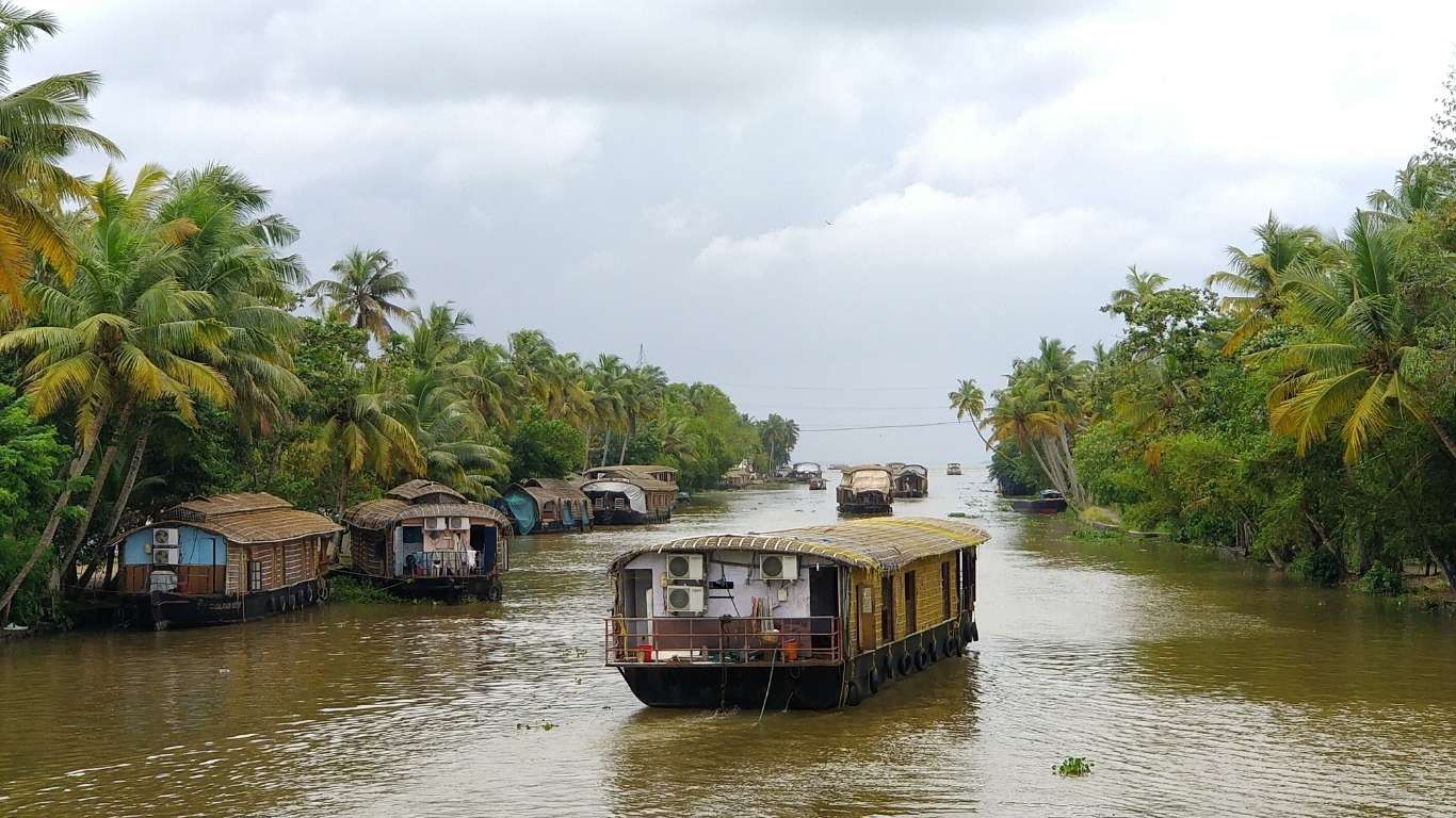 “Tropical backwaters with houseboats floating on a calm river, surrounded by lush palm trees under a cloudy sky.”